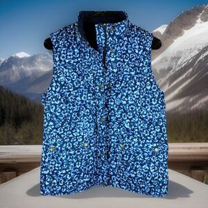 Talbots Puffer Vest Women's Petite Medium Blue Print Gold Snaps Pockets